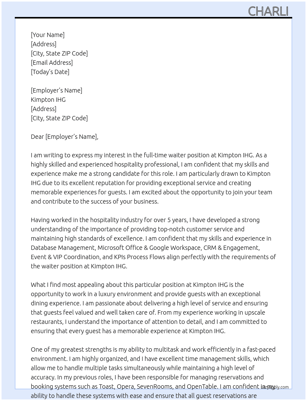 waiter At Kimpton IHG Cover Letter