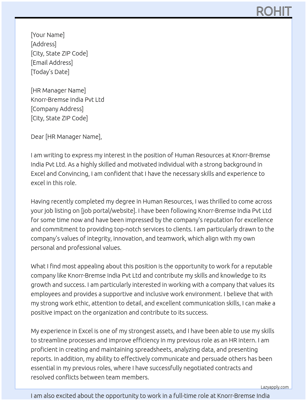 Humun resources At Knorr-bremse India pvt ltd Cover Letter
