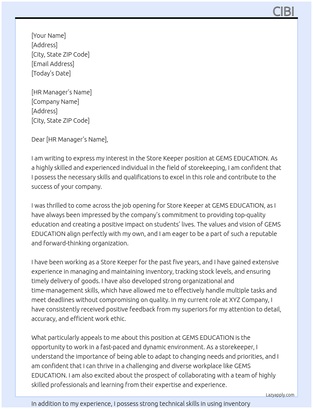 Store Keeper  At GEMS EDUCATION  Cover Letter