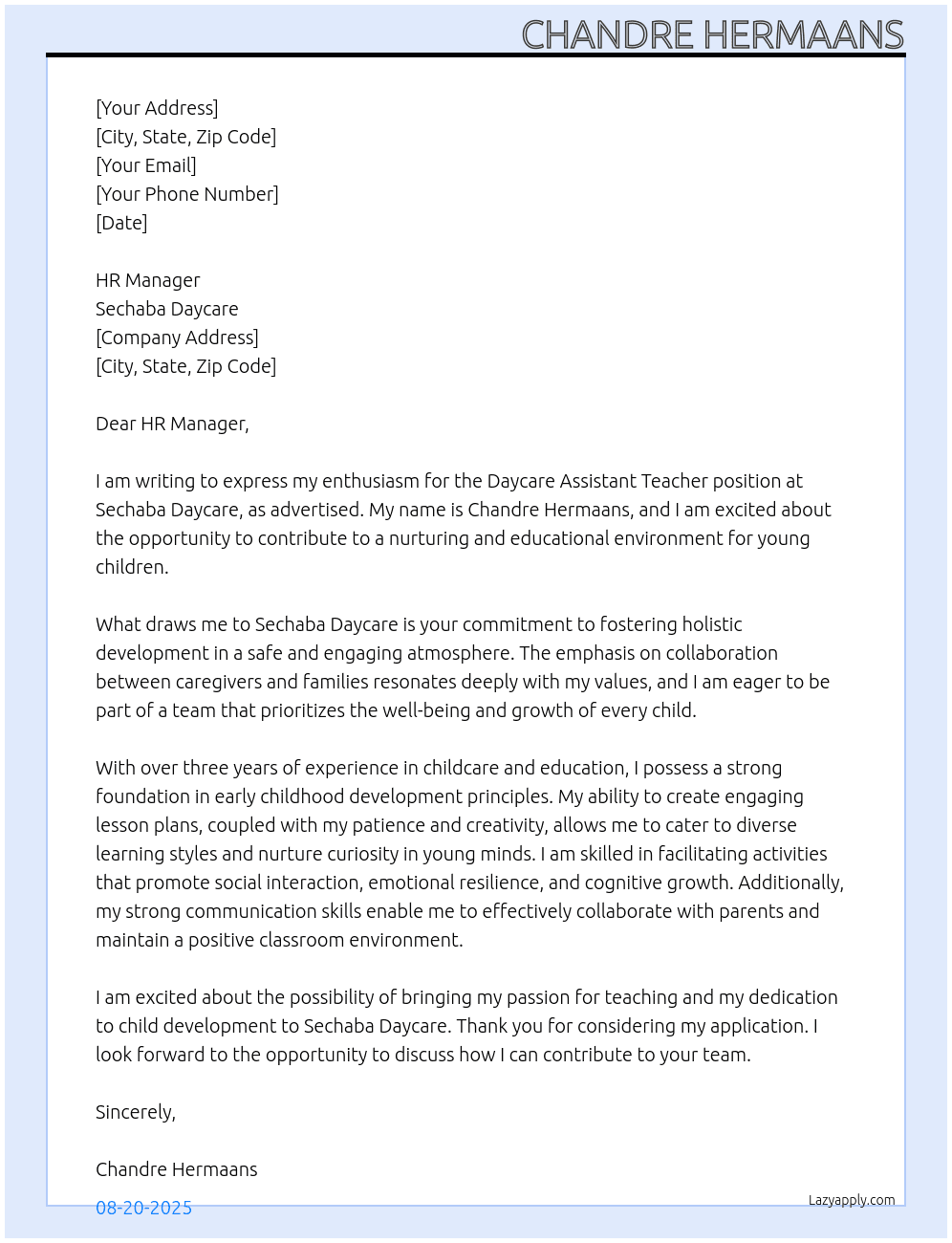Cover letter for daycare assistant teacher - LazyApply