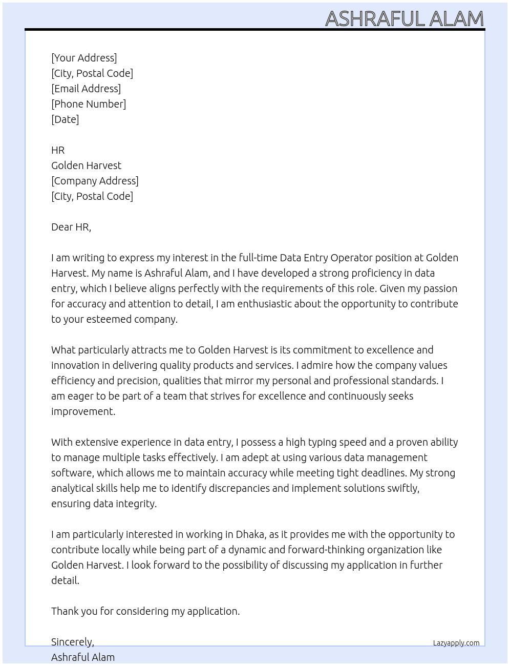 Cover letter for data entry oparator - LazyApply