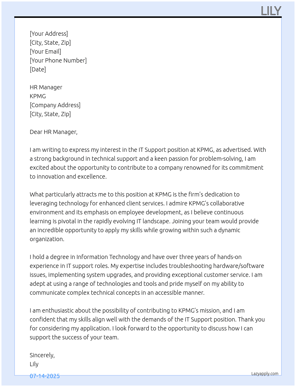 IT Support At KPMG Cover Letter