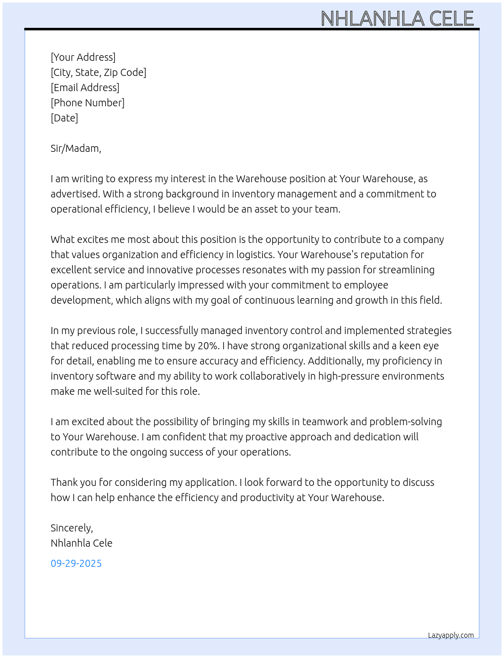 Warehouse  At at your warehouse  Cover Letter