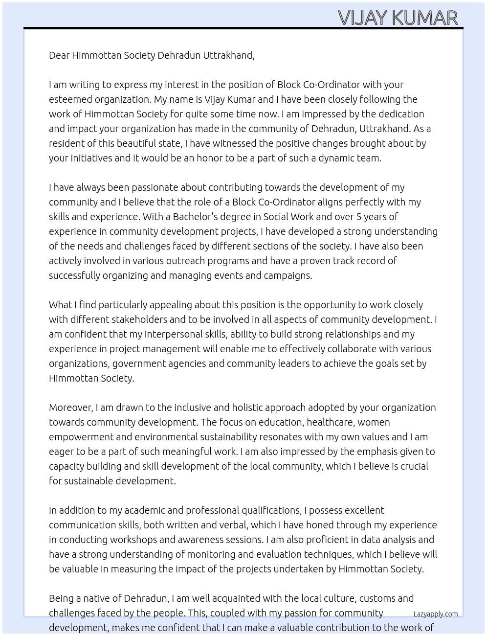 Block Co-Ordinator  At Himmottan society dehradun uttrakhand  Cover Letter