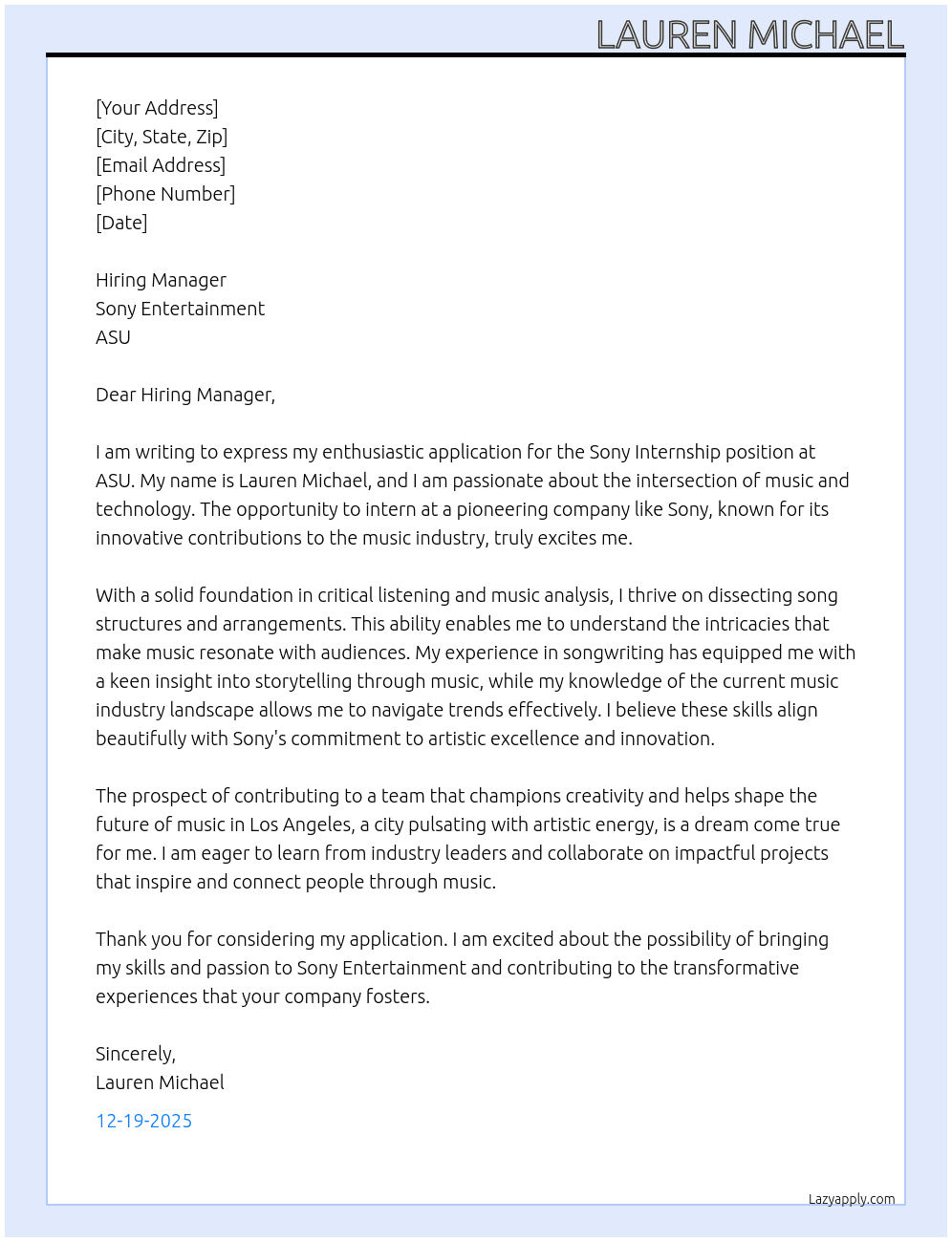 Sony Internship At ASU Cover Letter
