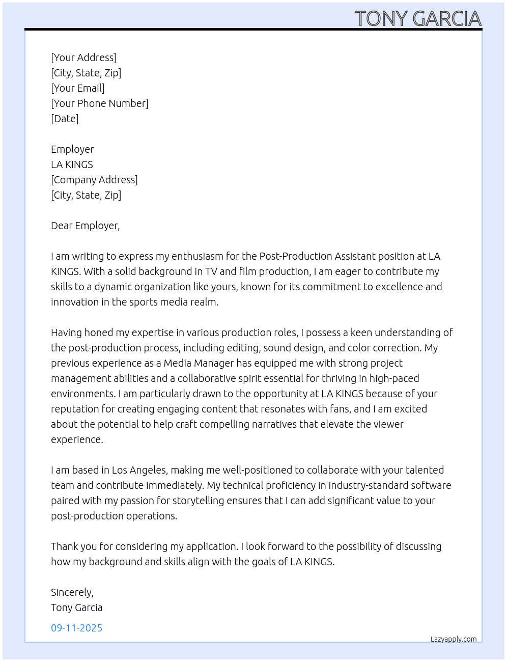 Post-Production Assistant At LA KINGS Cover Letter
