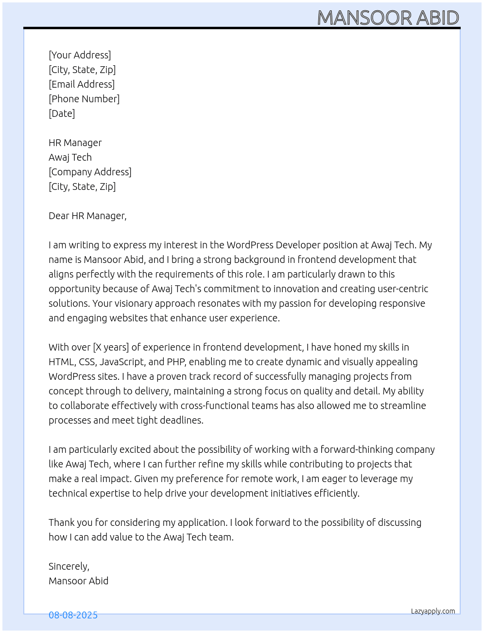 Wordpress Developer At Awaj Tech Cover Letter