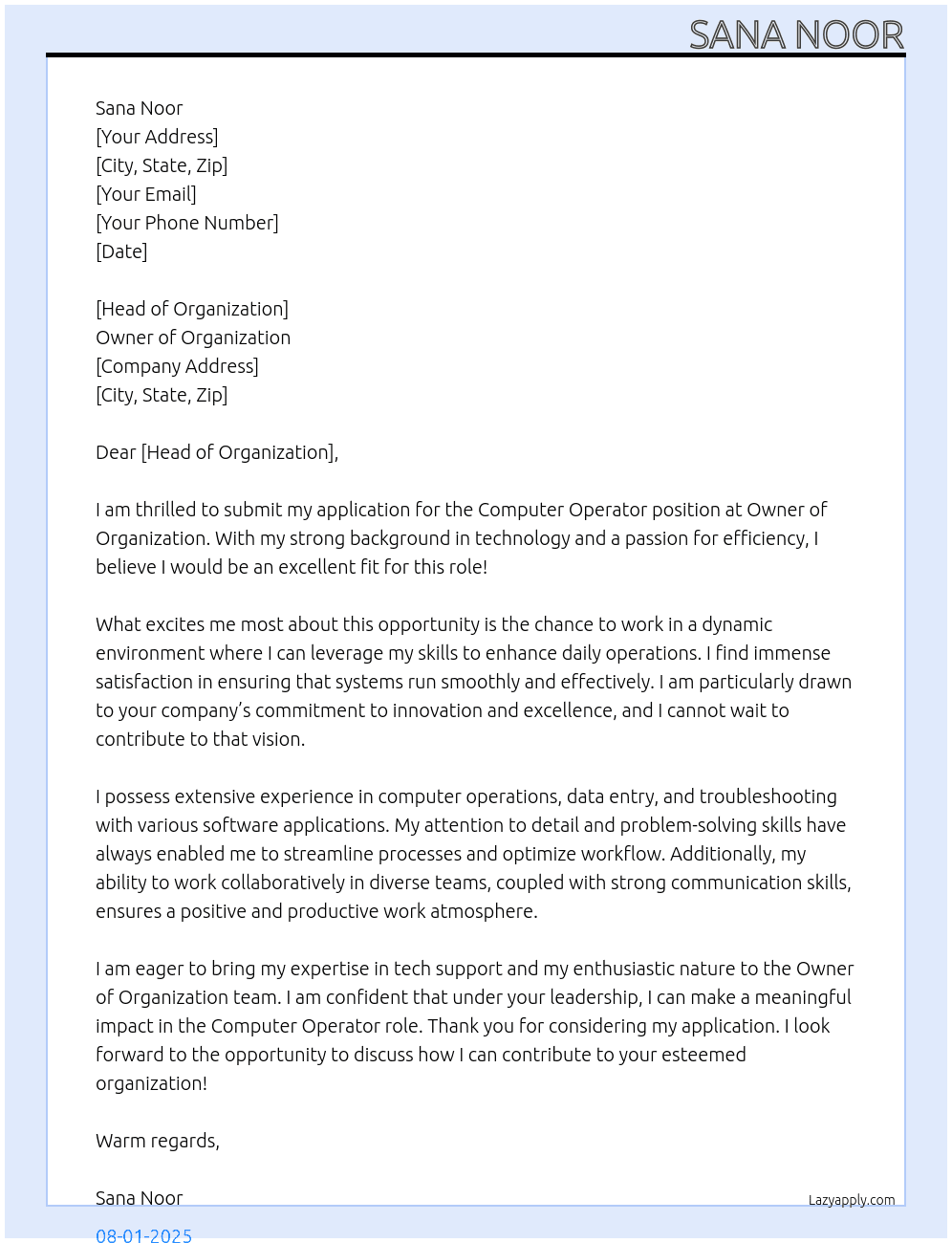 Computer operator  At Owner of organization Cover Letter