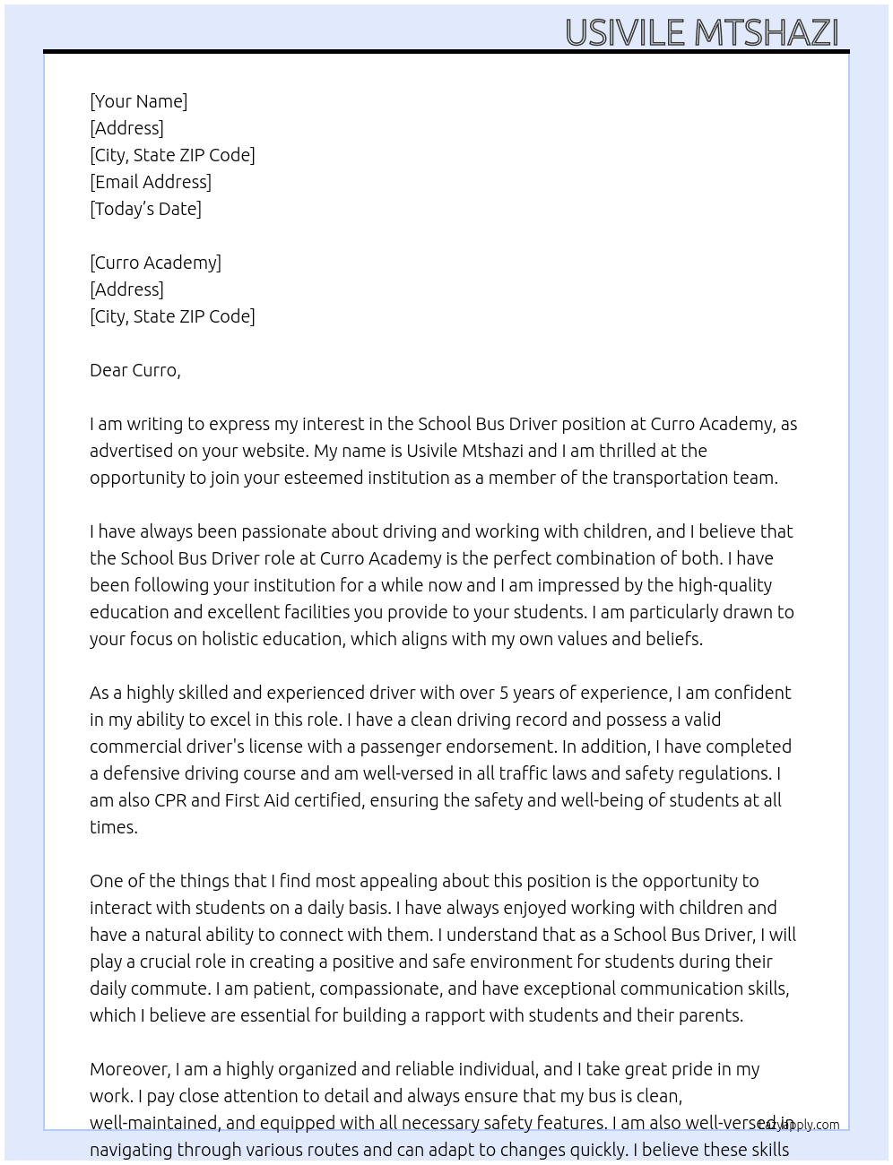 Cover letter for school bus driver - LazyApply