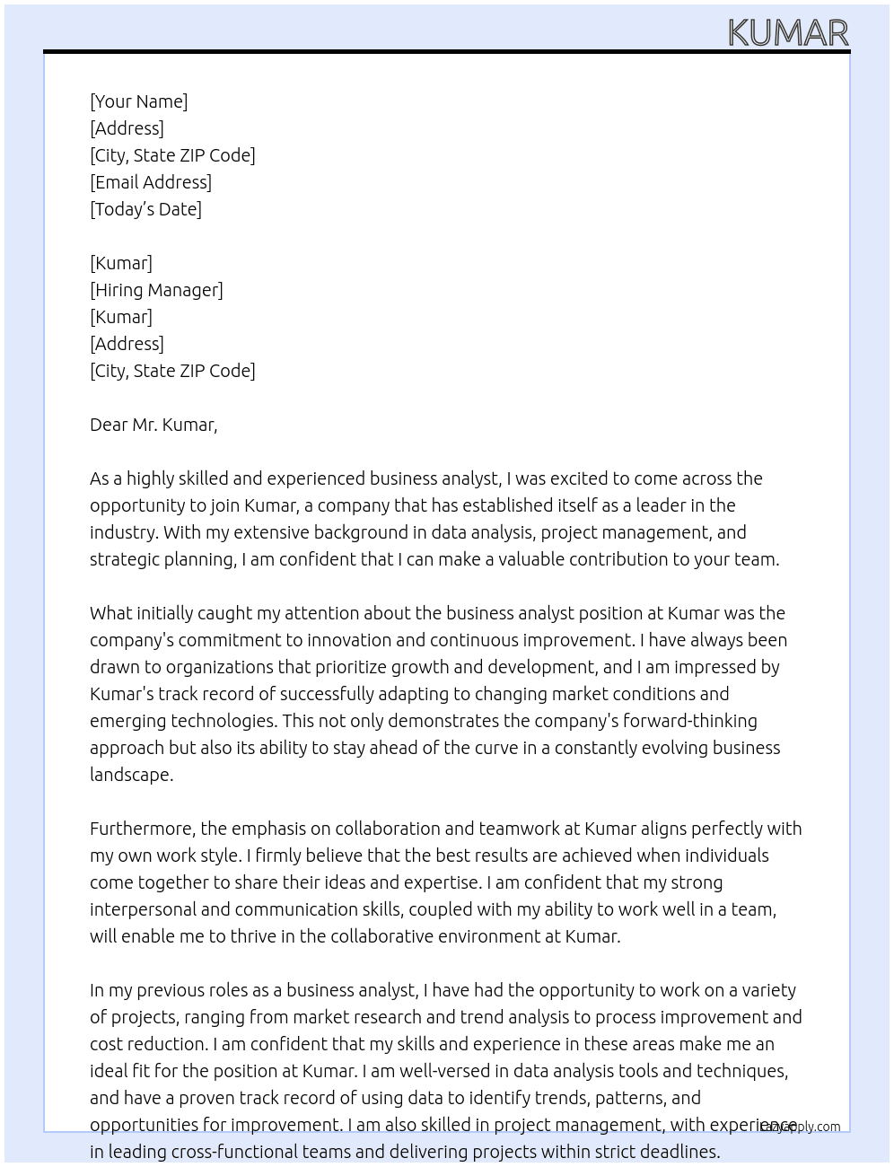 business analyst At Kumar Cover Letter