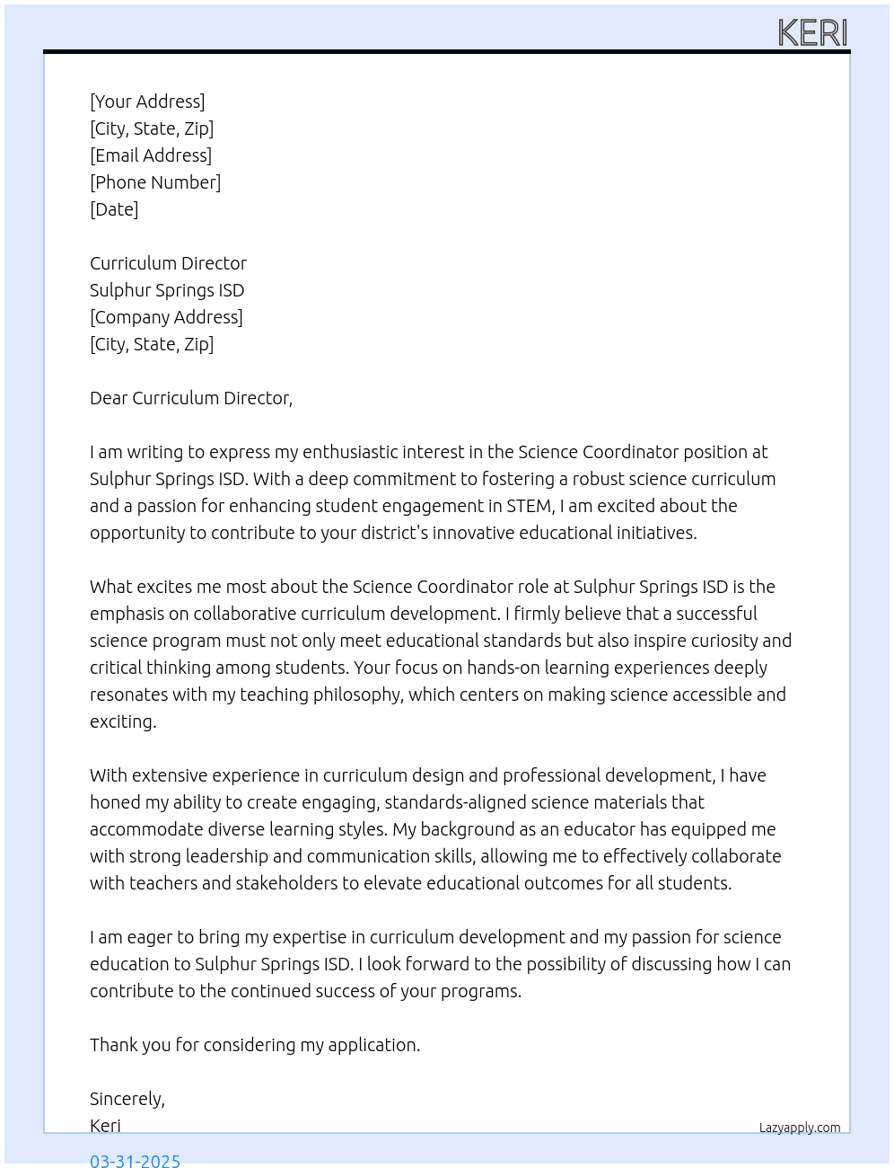 Cover letter for science coordinator - LazyApply