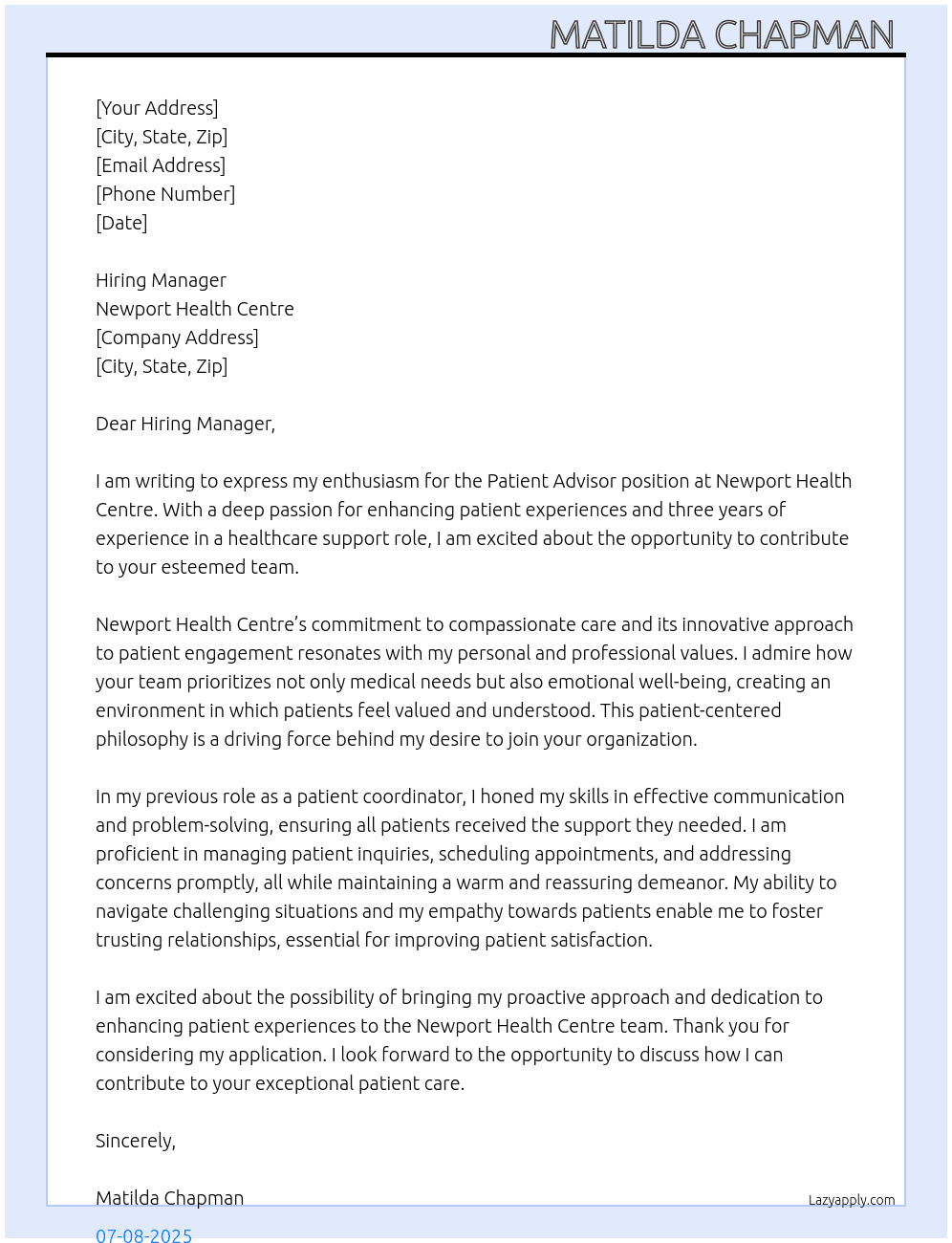 Patient advisor  At Newport health centre  Cover Letter