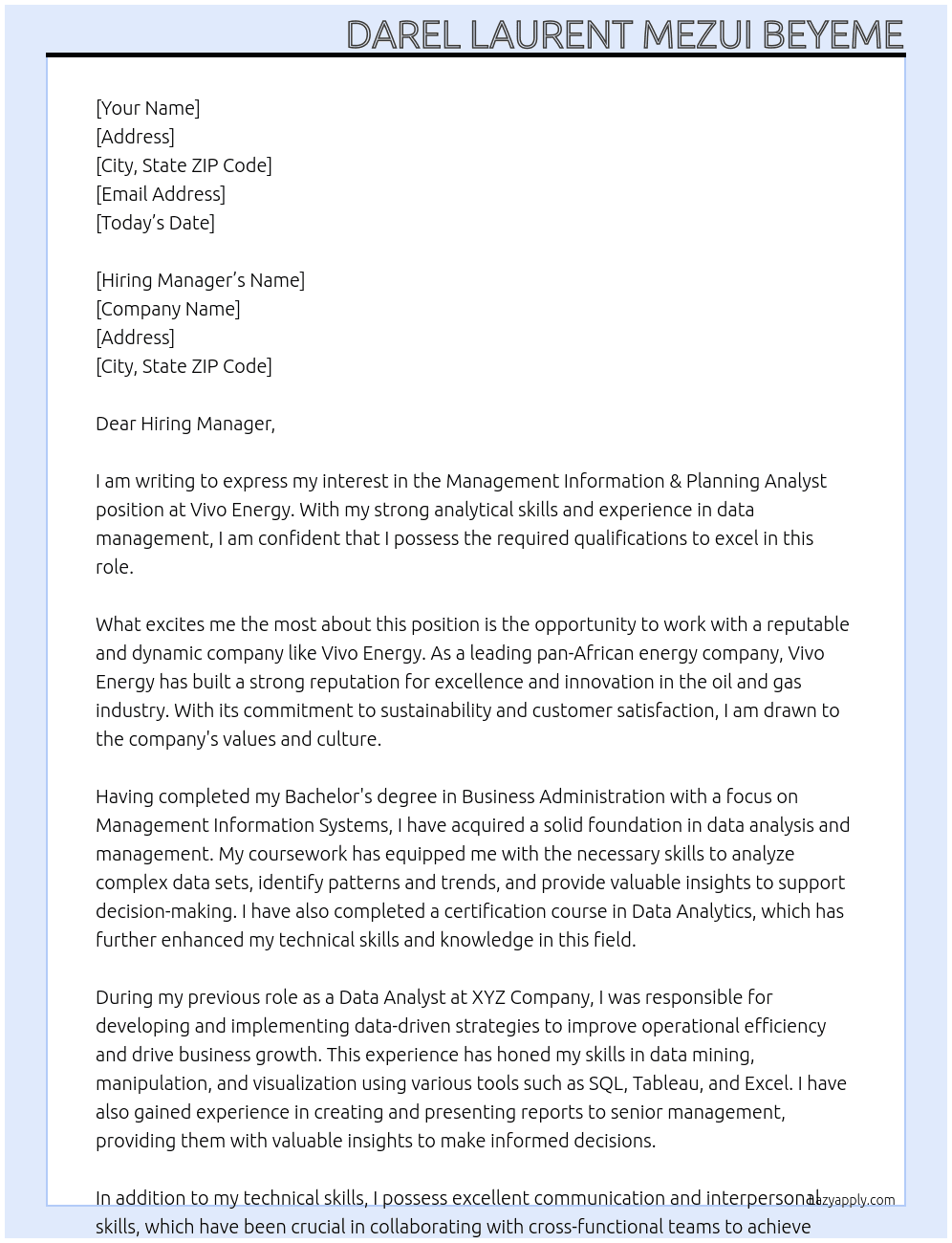 Cover letter for management information & planning analyst - LazyApply