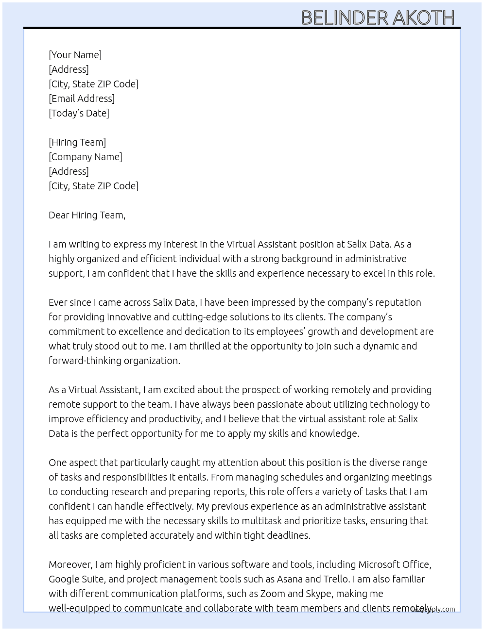 Virtual assistant  At Salix Data Cover Letter
