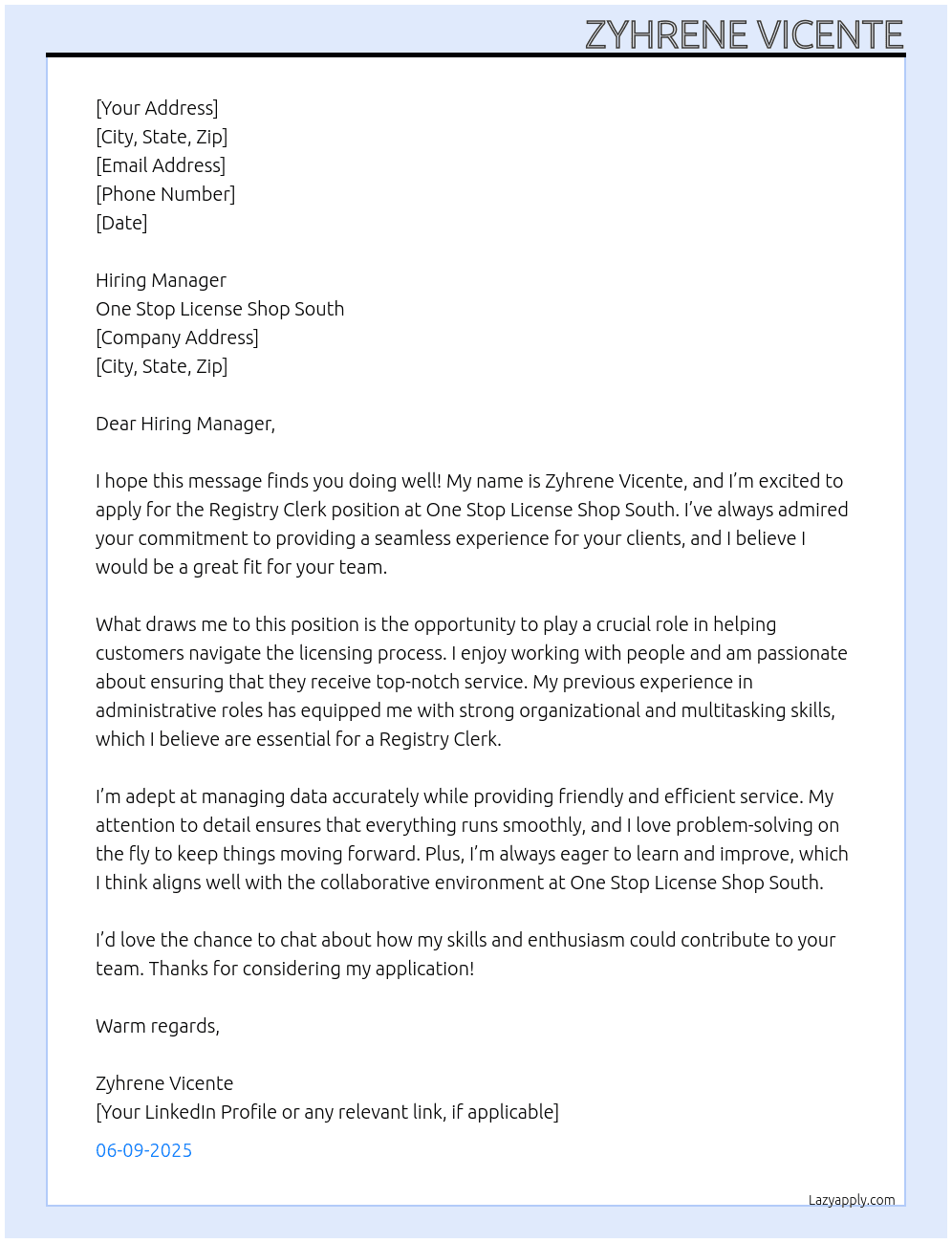 Registry Clerk At One Stop License Shop South  Cover Letter