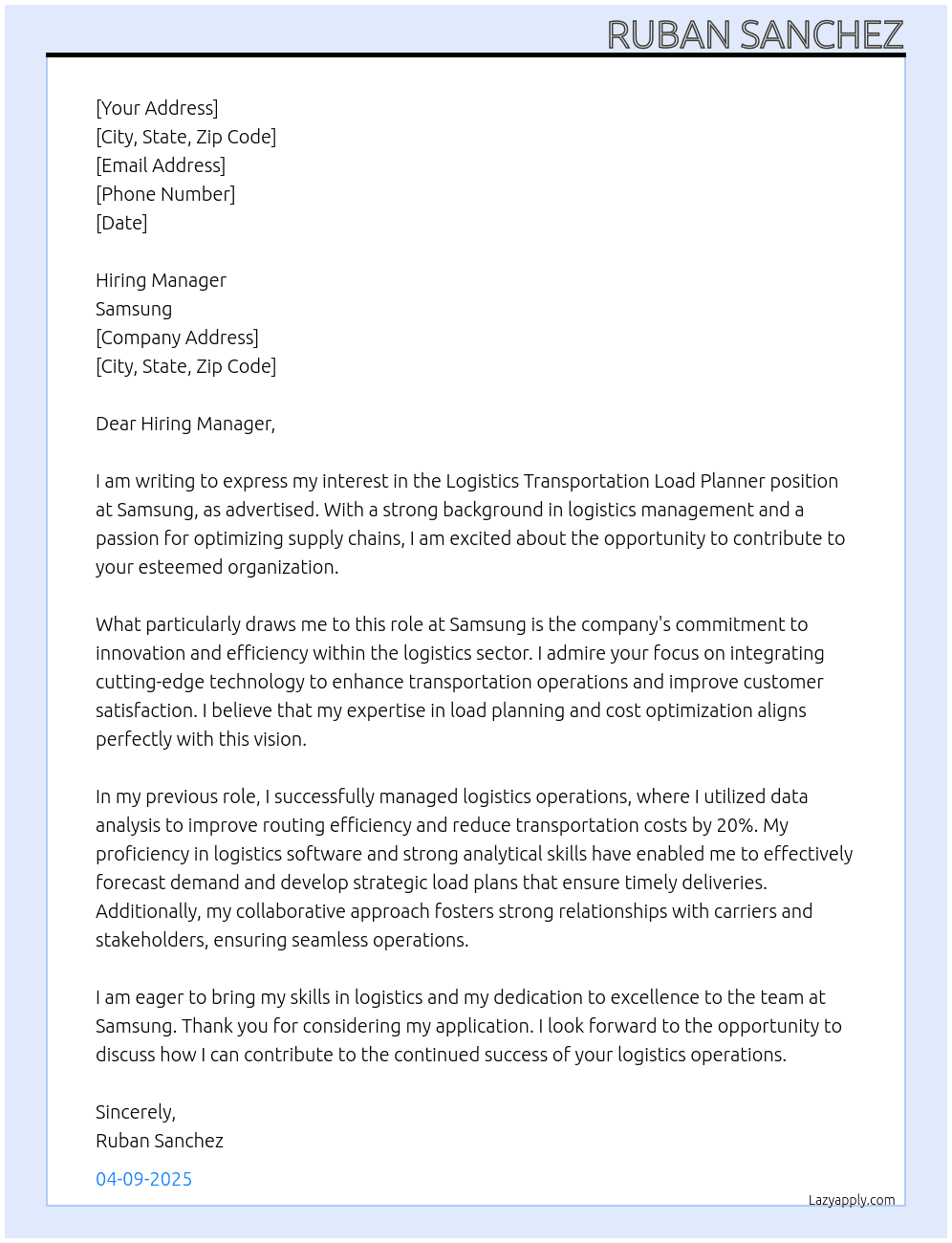 Logistics Transportation Load Planner At Samsung Cover Letter