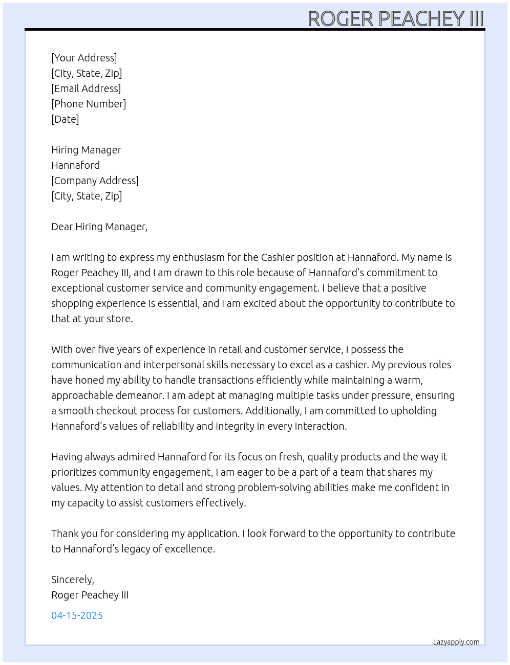 cashier At hannaford Cover Letter