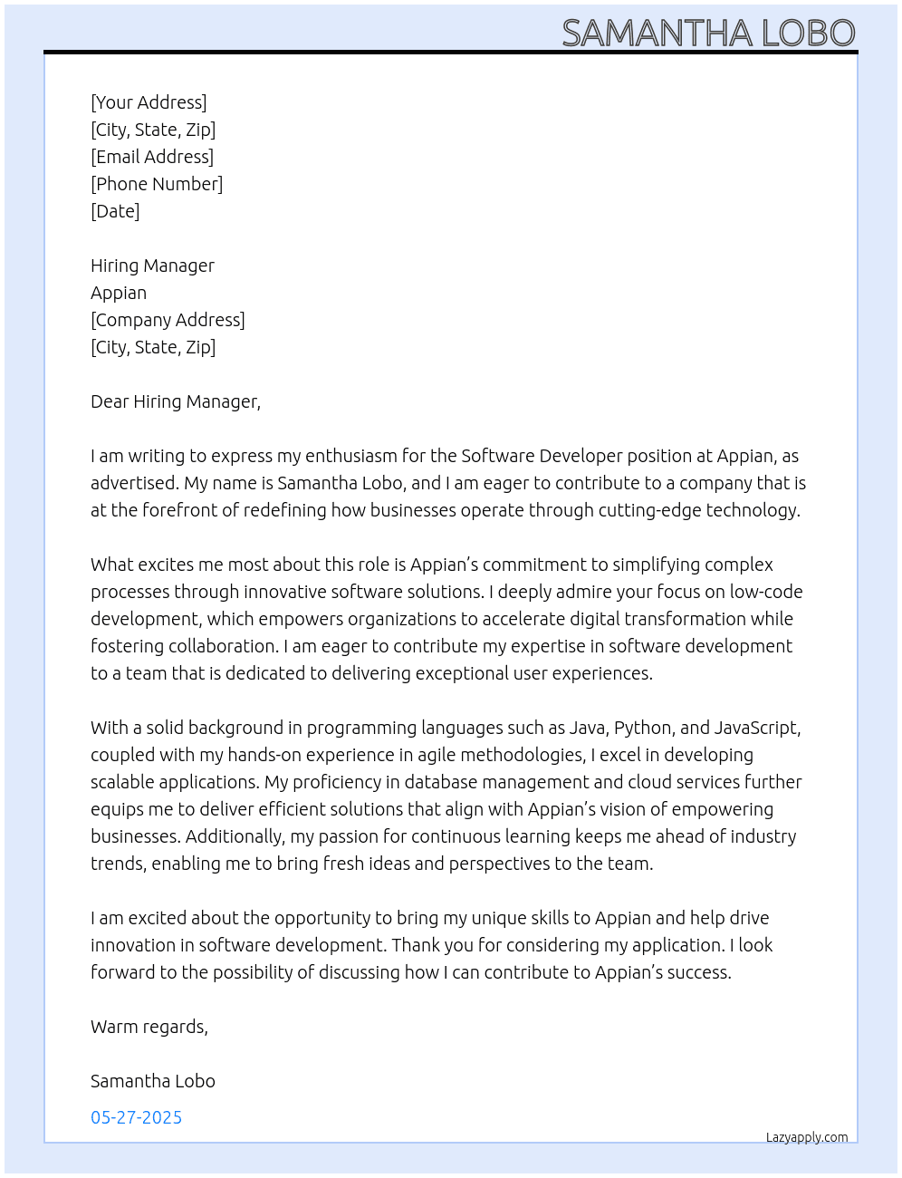 Software developer  At Appian  Cover Letter