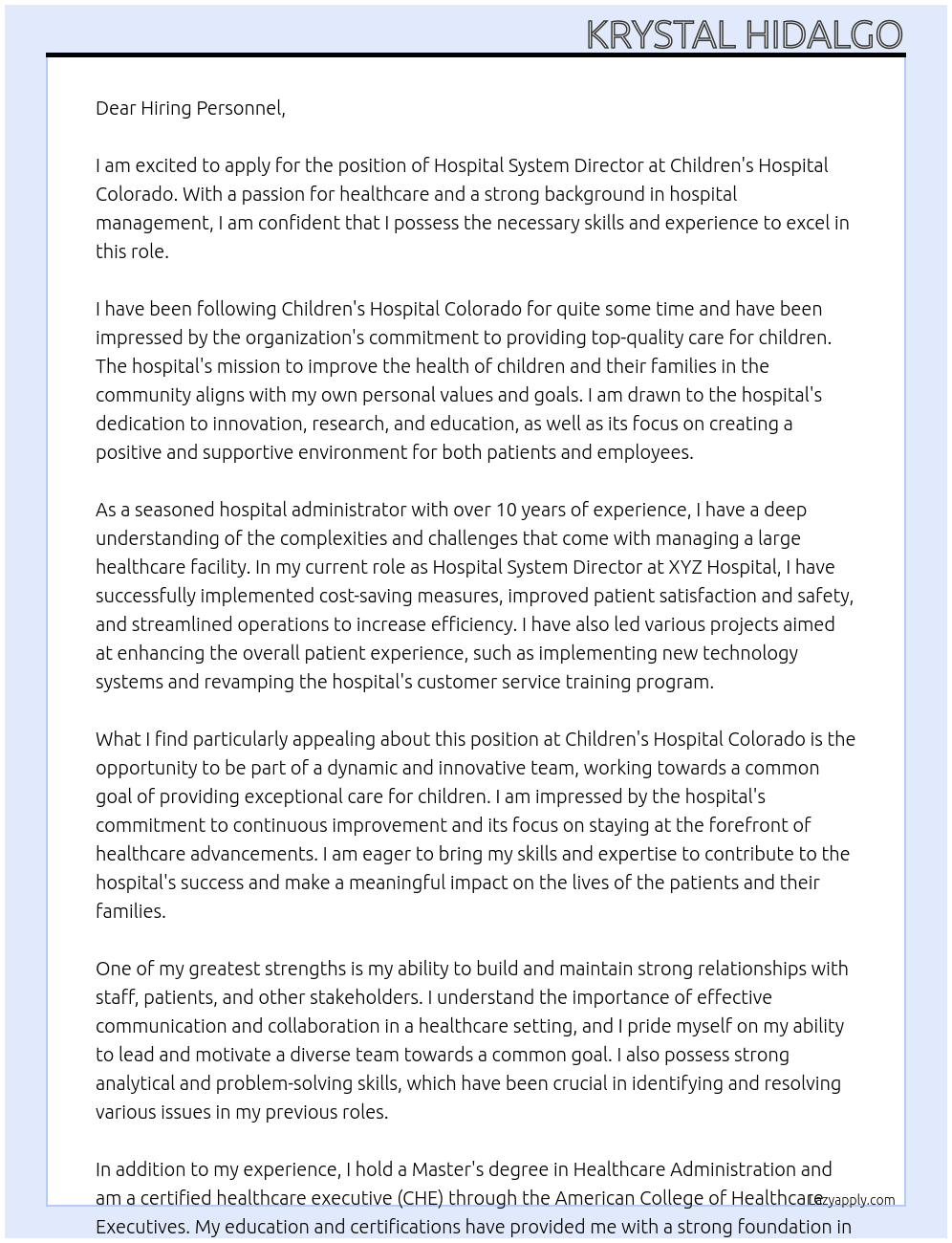 Hospital system director At Children's Hospital Colorado  Cover Letter