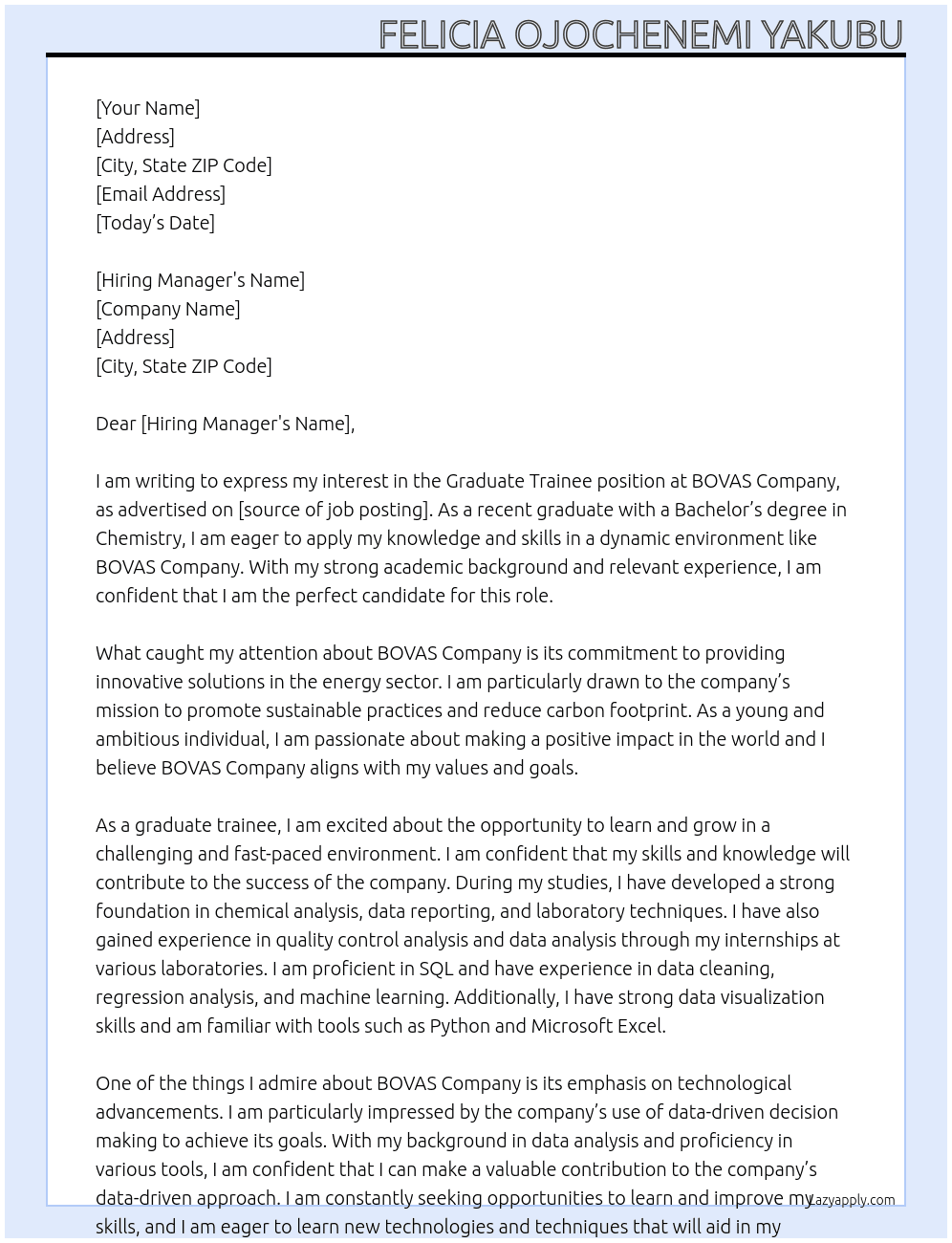 Graduate trainee  At BOVAS Company  Cover Letter
