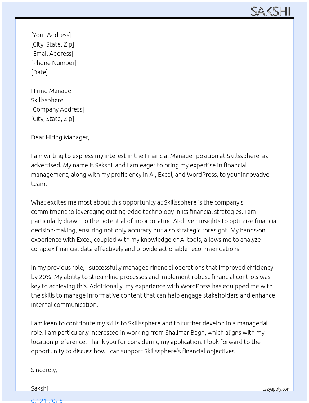 Cover letter for financial manager - LazyApply
