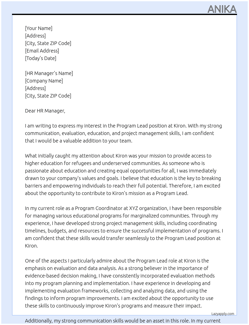 Program lead At Kiron  Cover Letter