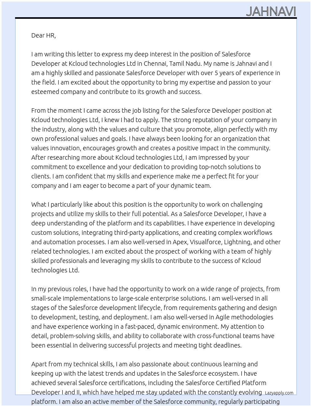 Salesforce Developer At Kcloud technologies ltd - Chennai, Tamil Nadu Cover Letter