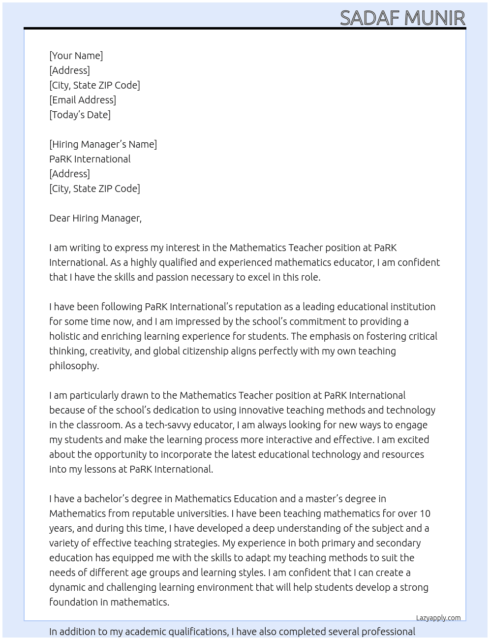 Mathematics Teacher  At PaRK International  Cover Letter
