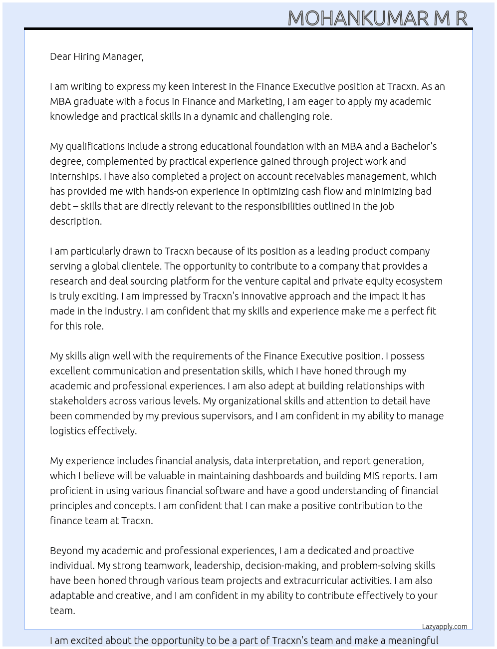 Finance executive  At Trxon  Cover Letter