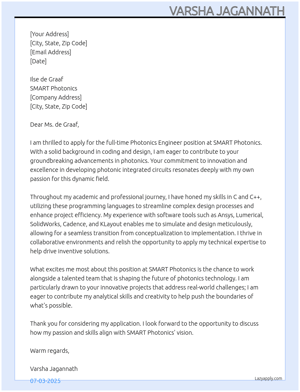 Photonics engineer At SMART Photonics Cover Letter