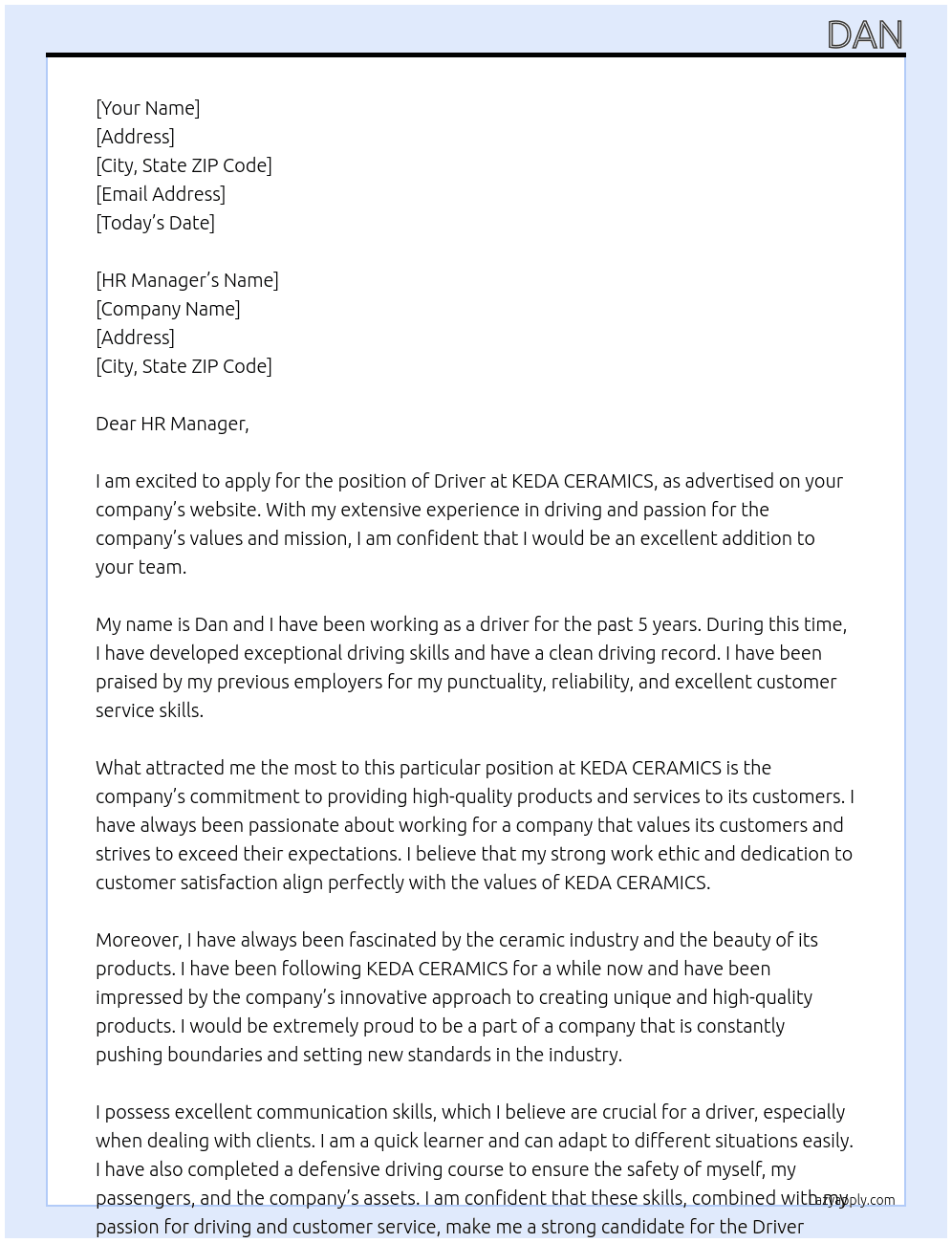 Driver At KEDA CERAMICS Cover Letter