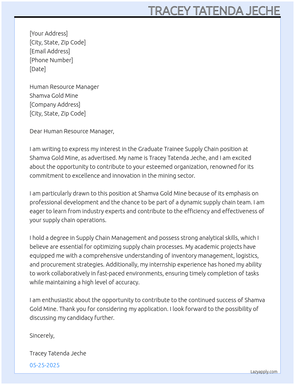 Graduatuate trainee supply chain At Shamva gold mine Cover Letter