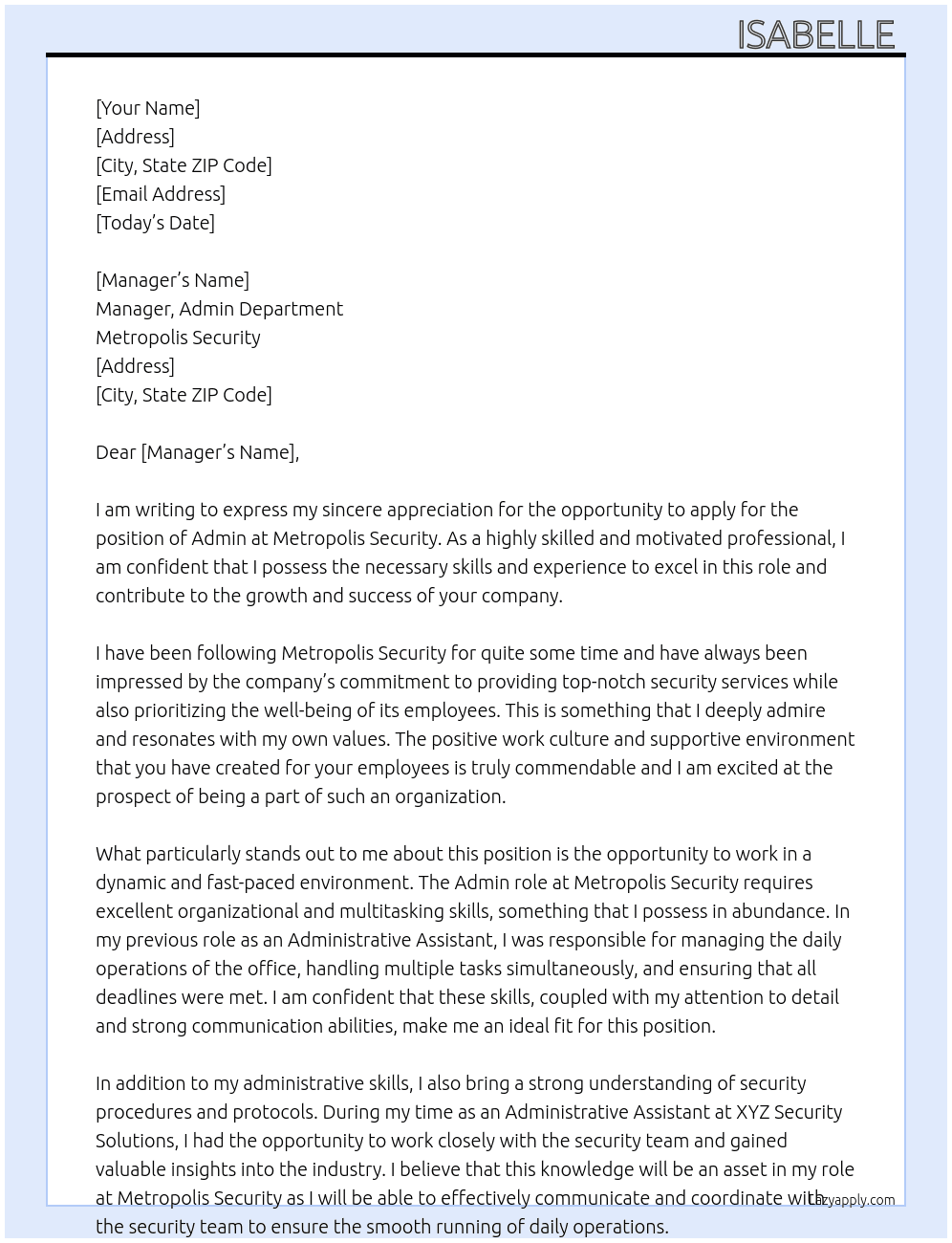 Admin At Metropolis Security  Cover Letter
