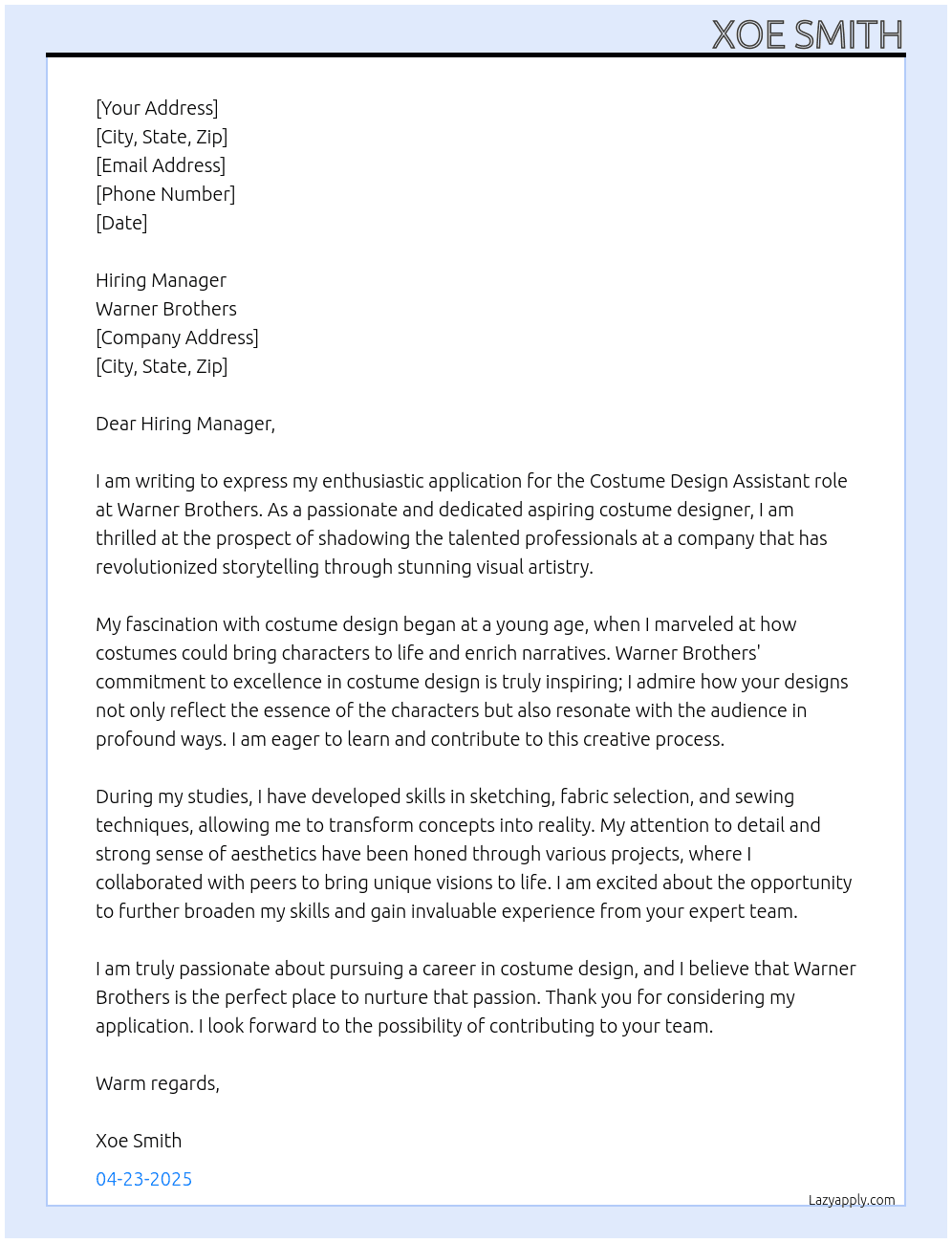 Costume design Assistant  At Warner Brothers Cover Letter