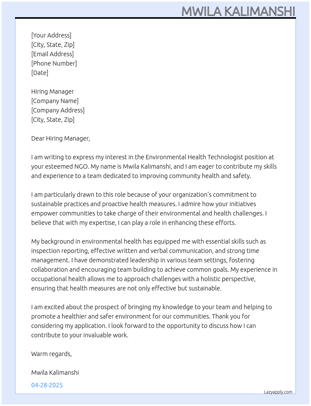 Environmental health technologist At NGO Cover Letter