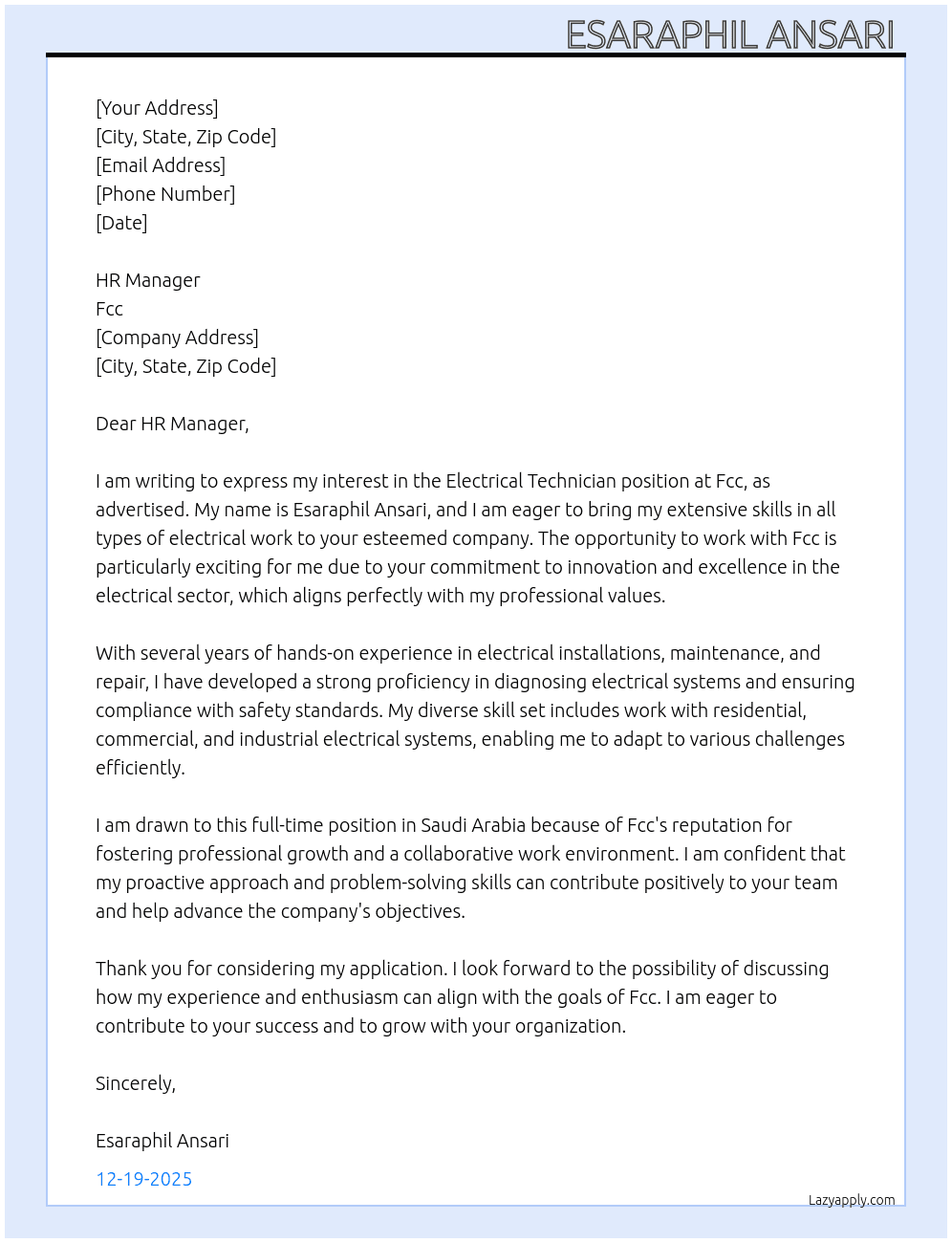 Electrical technician  At Fcc Cover Letter