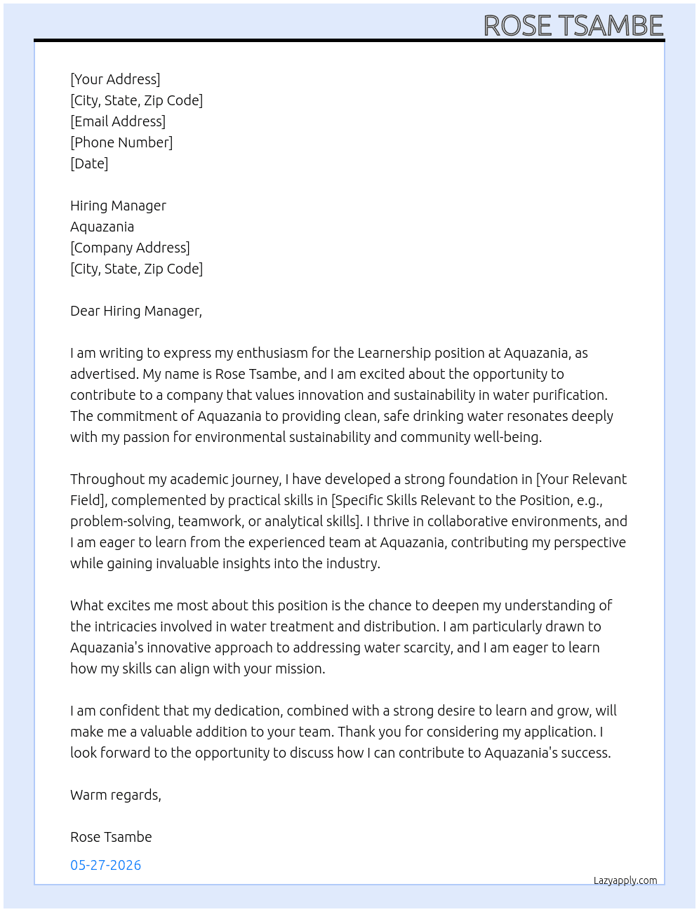 Learnership At Aquazania Cover Letter
