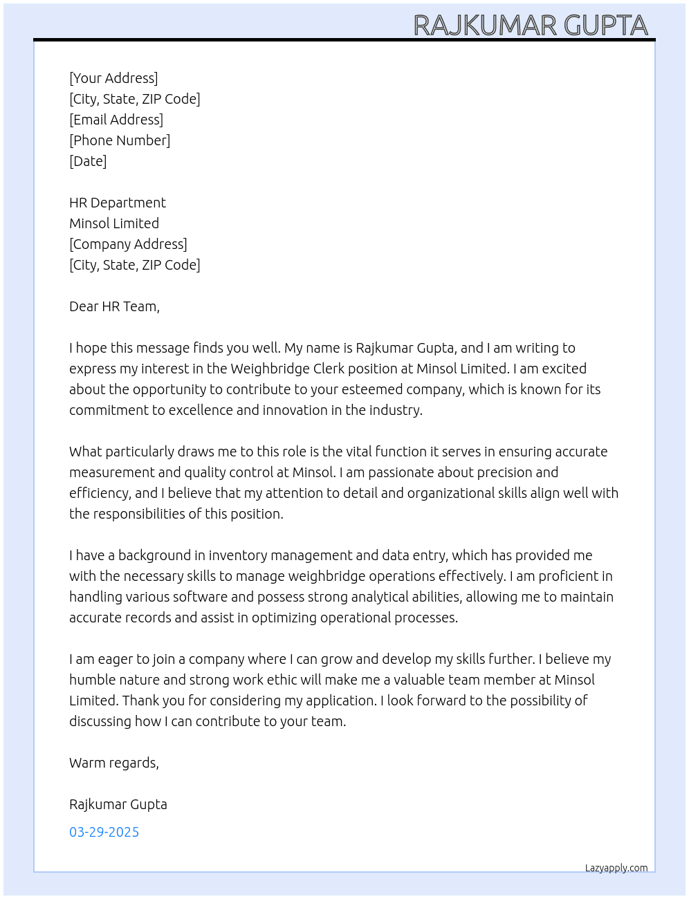 Weighbridge clerk  At Minsol limited  Cover Letter