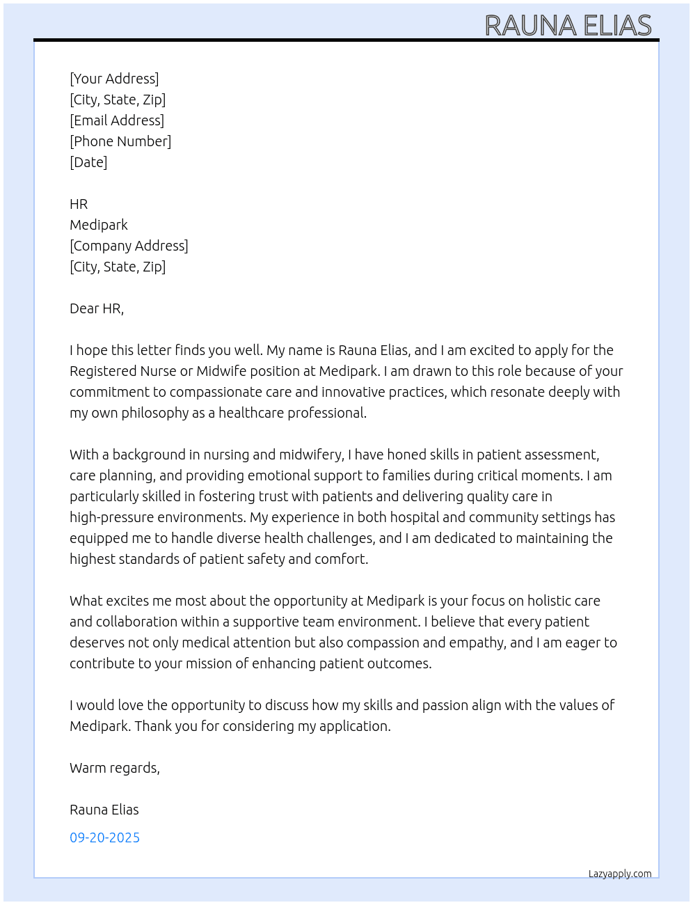 Registered Nurse or Midwife At Medipark Cover Letter