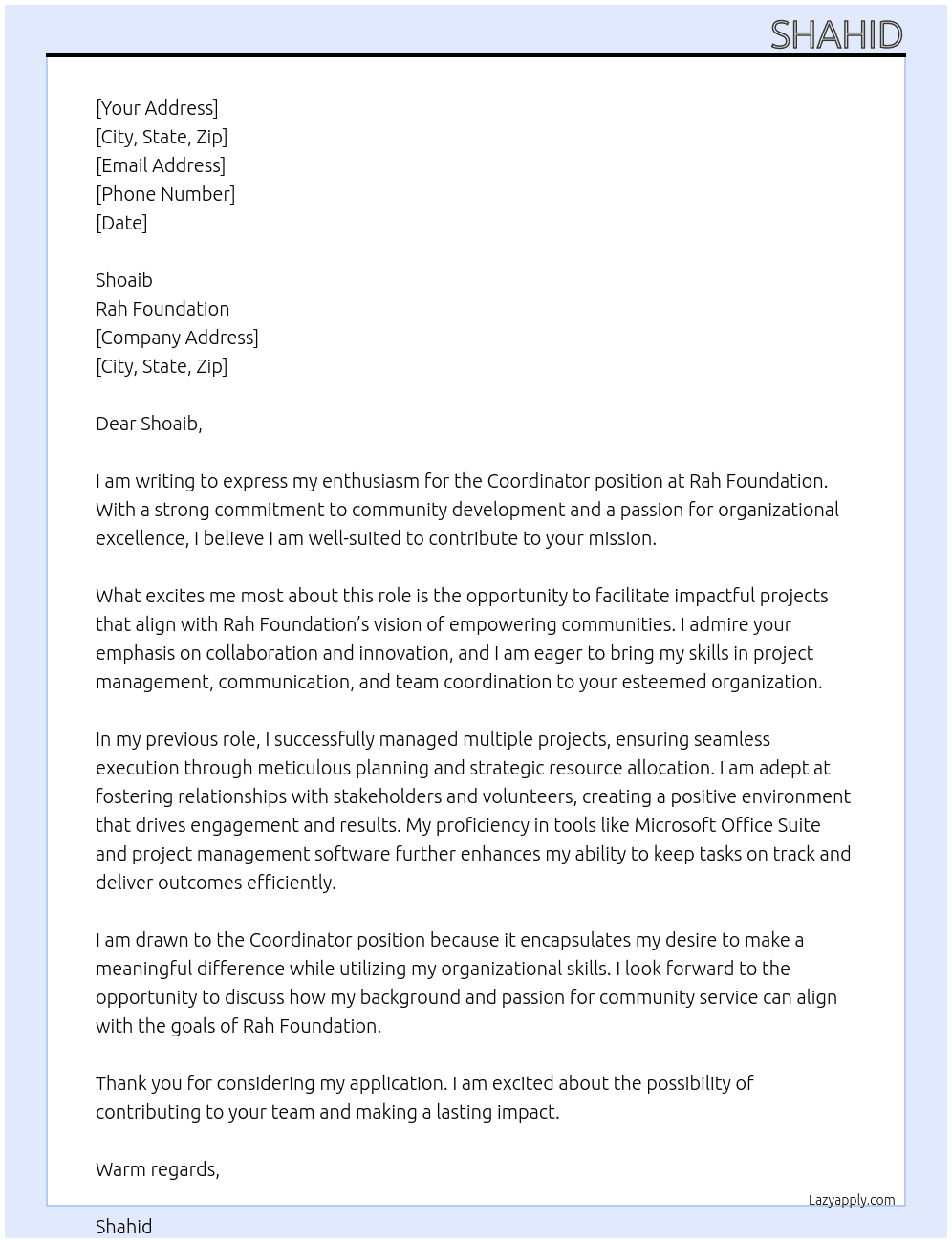 coordinator At Rah doundation Cover Letter