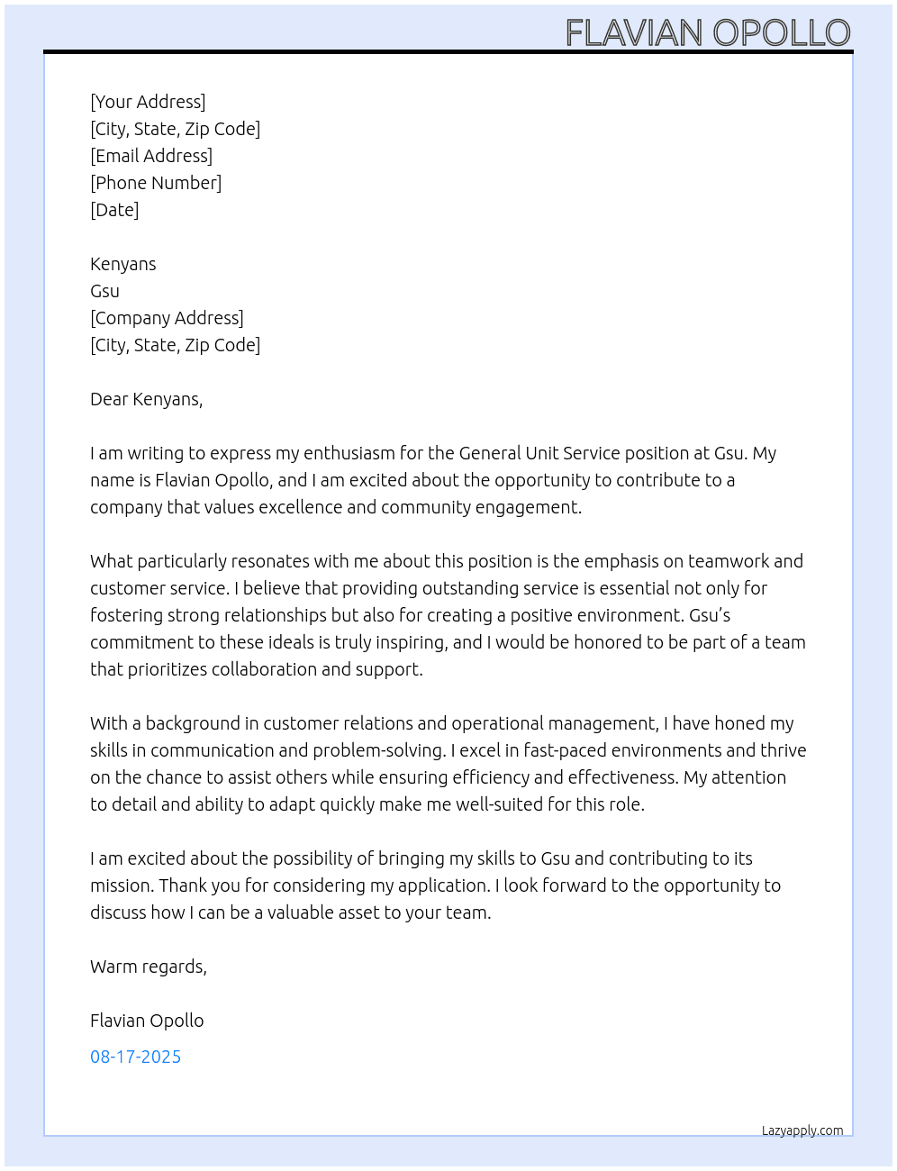 General unit service  At Gsu Cover Letter