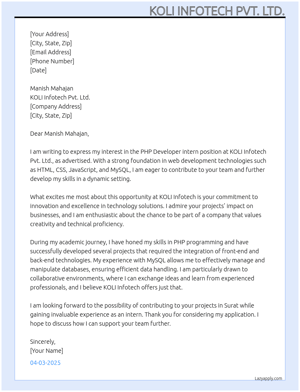 PHP Developer At KOLI Infotech Pvt. Ltd. Cover Letter