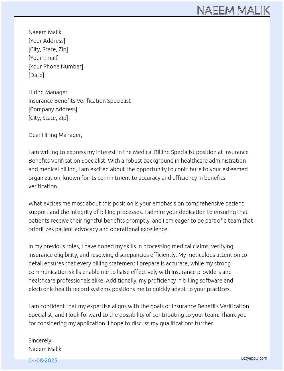 Medical Billing Specialist At Insurance Benefits Verification Specialist Cover Letter