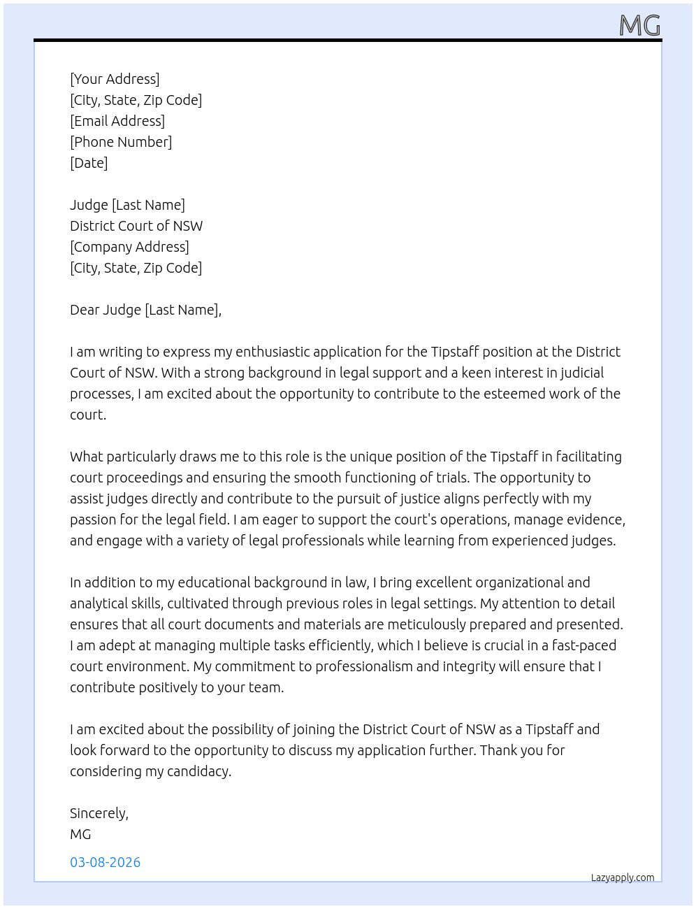 Tipstaff At District Court of NSW Cover Letter