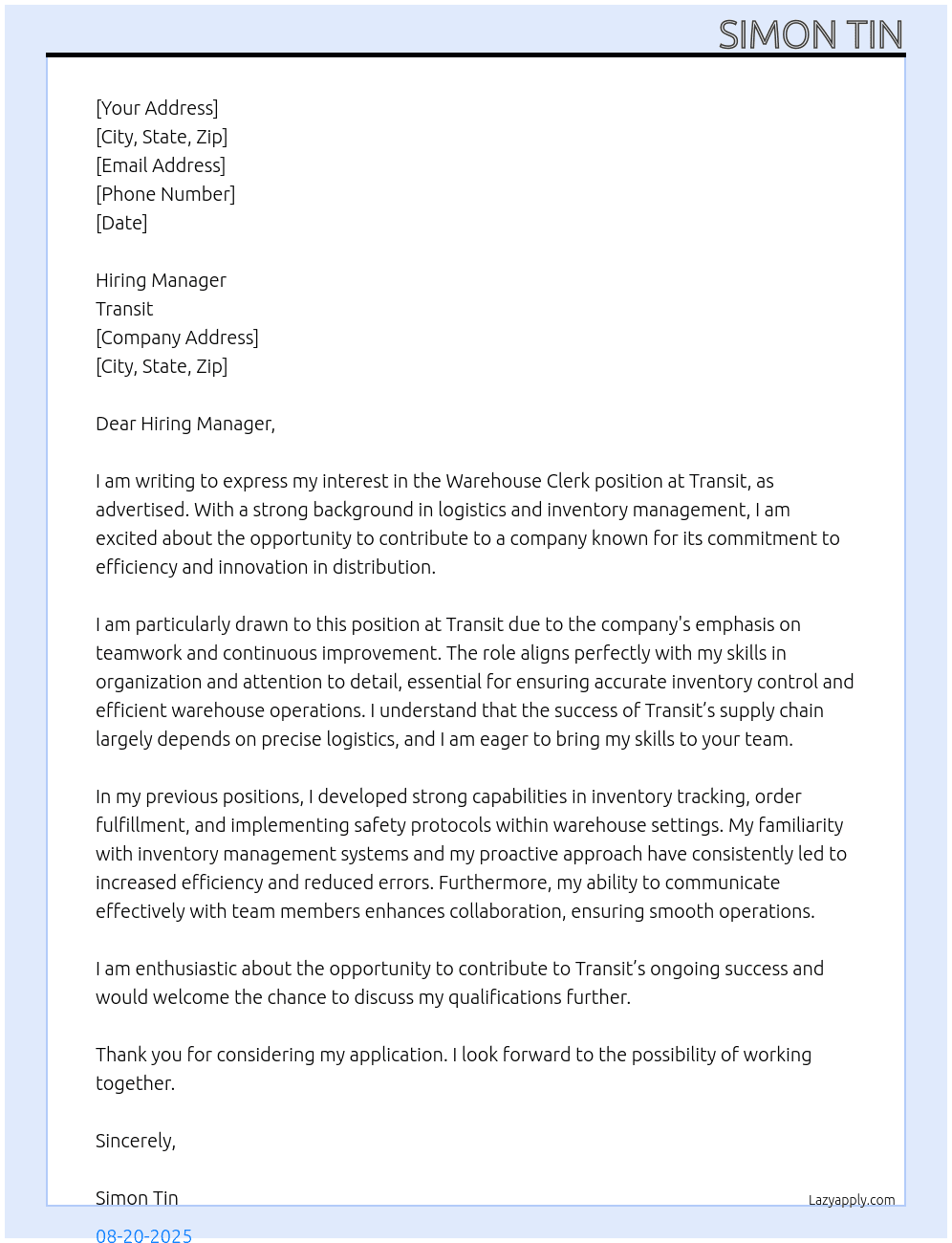 Warehouse Clerk At Transit Cover Letter