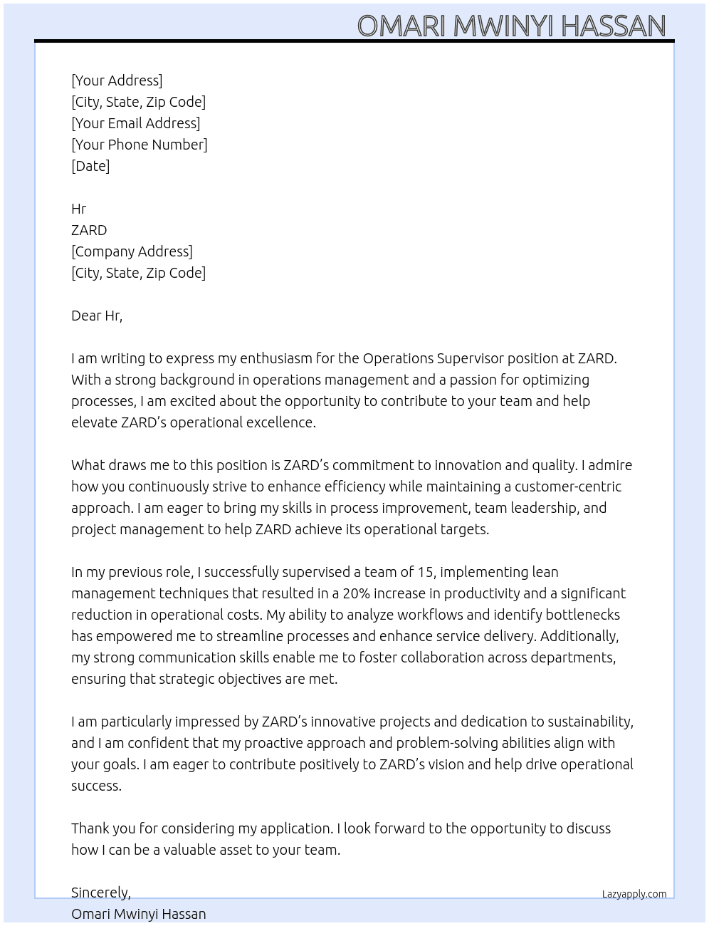 Operations Supervisor At ZARD Cover Letter
