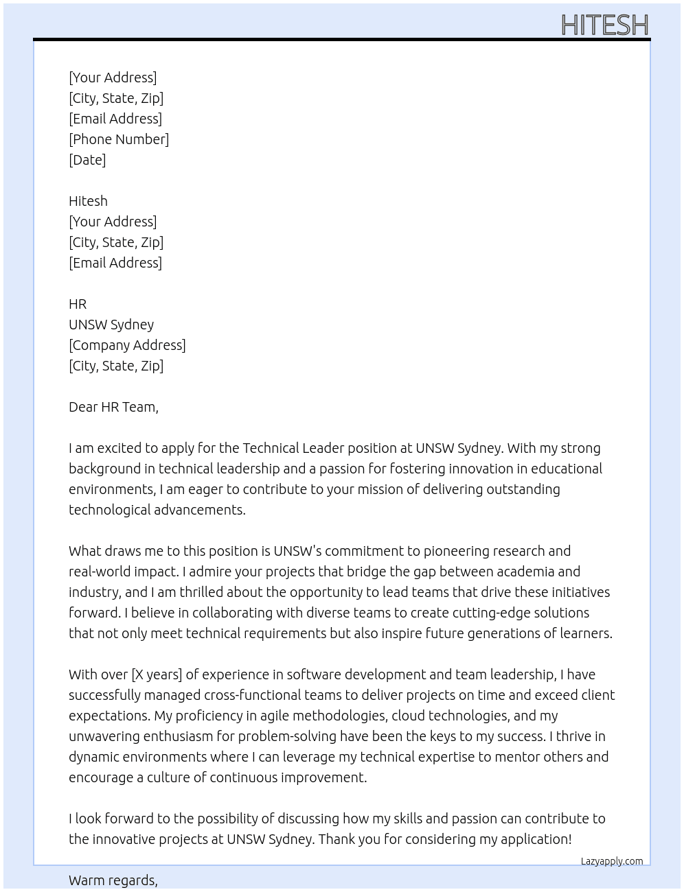 Technical Leader At UNSW Sydney Cover Letter