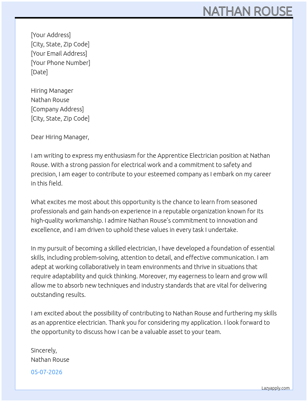 apprentice electrician At Nathan Rouse Cover Letter