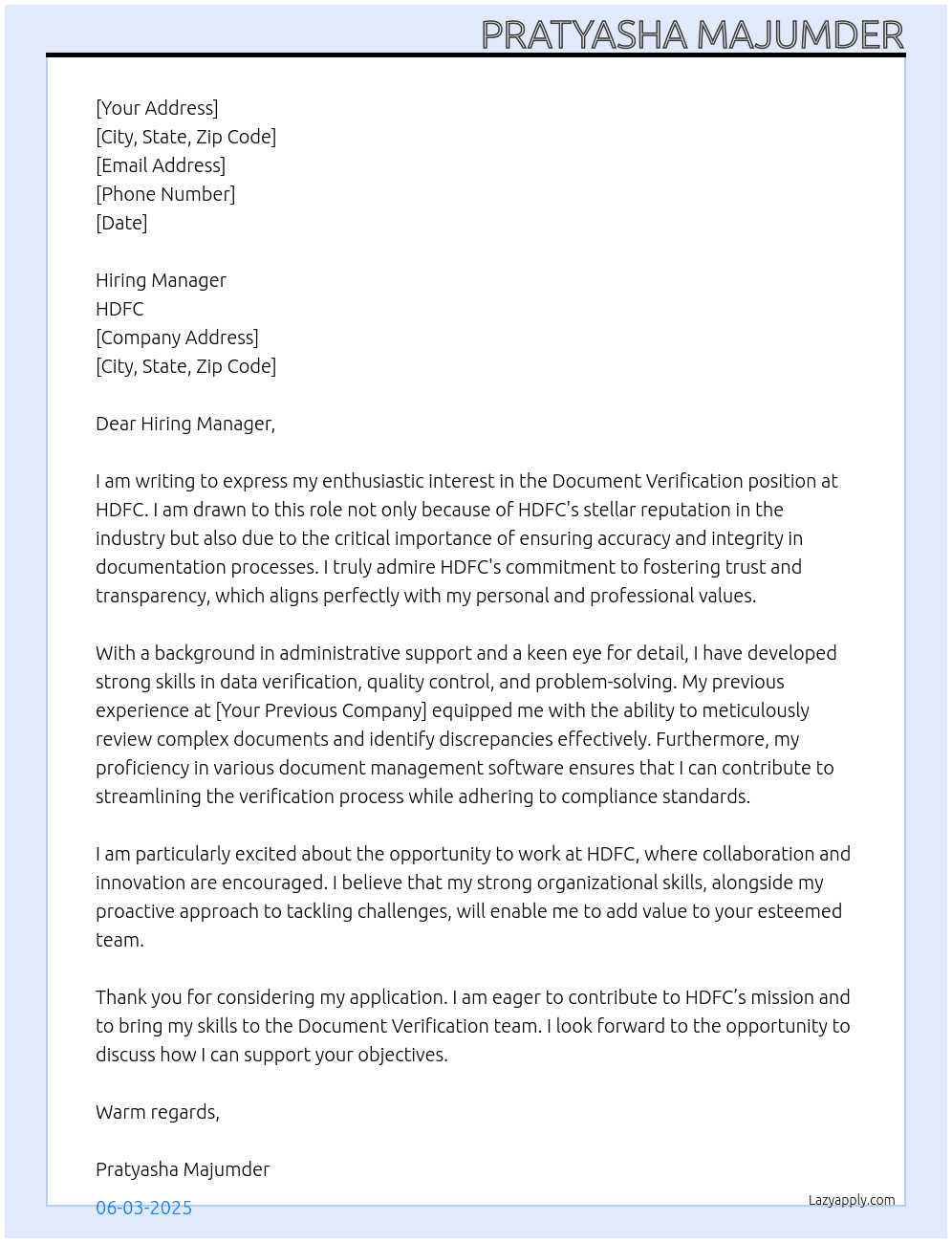 Document Verification  At HDFC Cover Letter