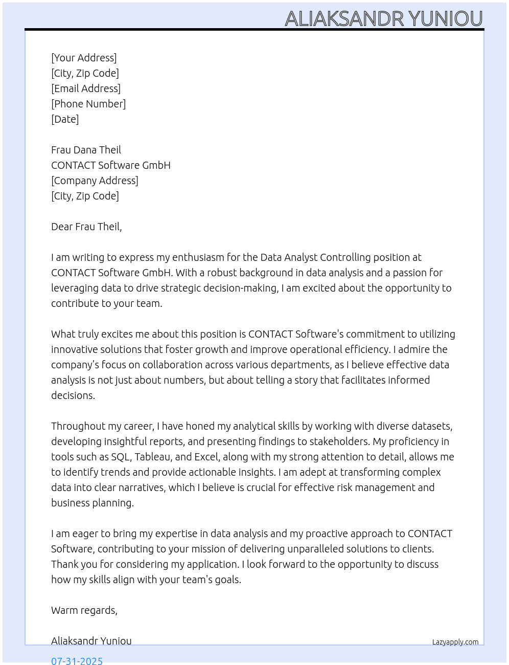 Cover letter for data analyst controlling - LazyApply